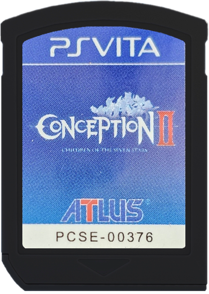 Conception II Children of the Seven Stars game for the PlayStation Vita featuring dungeon crawling RPG gameplay with turn based combat social simulation elements character bonding systems and anime style storytelling set in a fantasy academy world cartridge