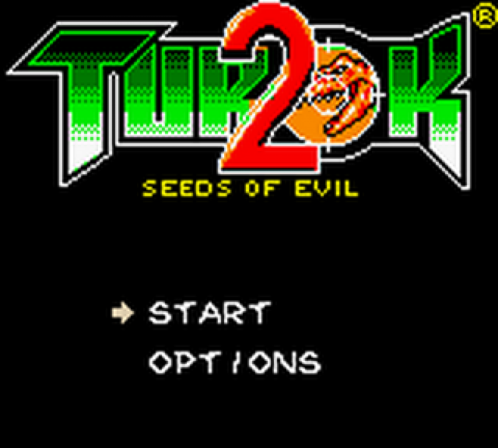 Turok 2: Seeds of Evil Nintendo Game Boy Color GBC for first person shooter retro video game fans featuring dinosaur hunting intense action sci fi environments powerful weapons expansive levels fast paced combat classic handheld gaming collectible gaming appeal title screen