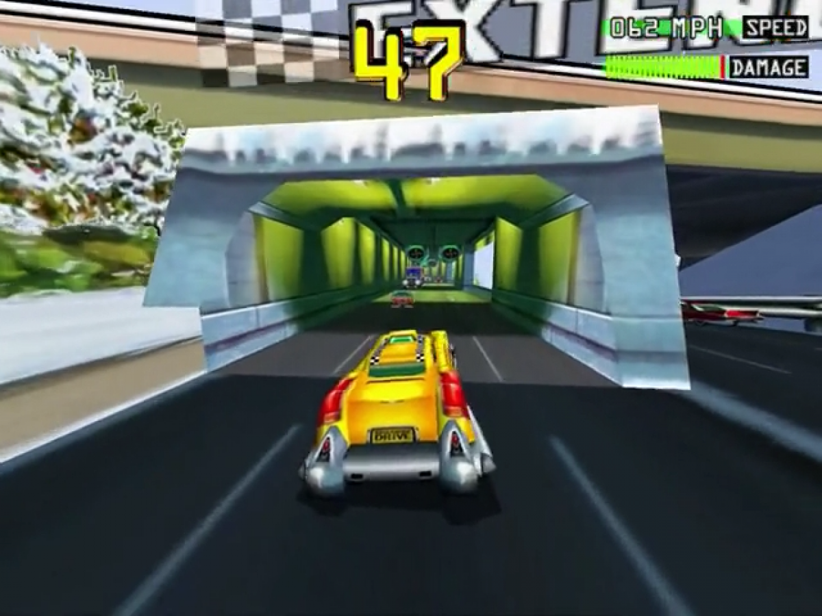 Smashing Drive gameplay for GameCube game featuring high-speed arcade racing action and destructive city driving gameplay 