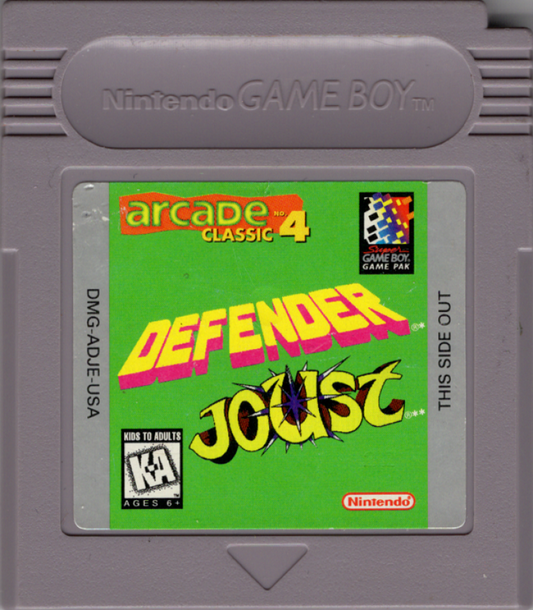 Arcade Classic 4 Defender and Joust for Game Boy, cartridge for an arcade compilation video game with classic shooter and platform gameplay, retro challenges, and fast-paced action