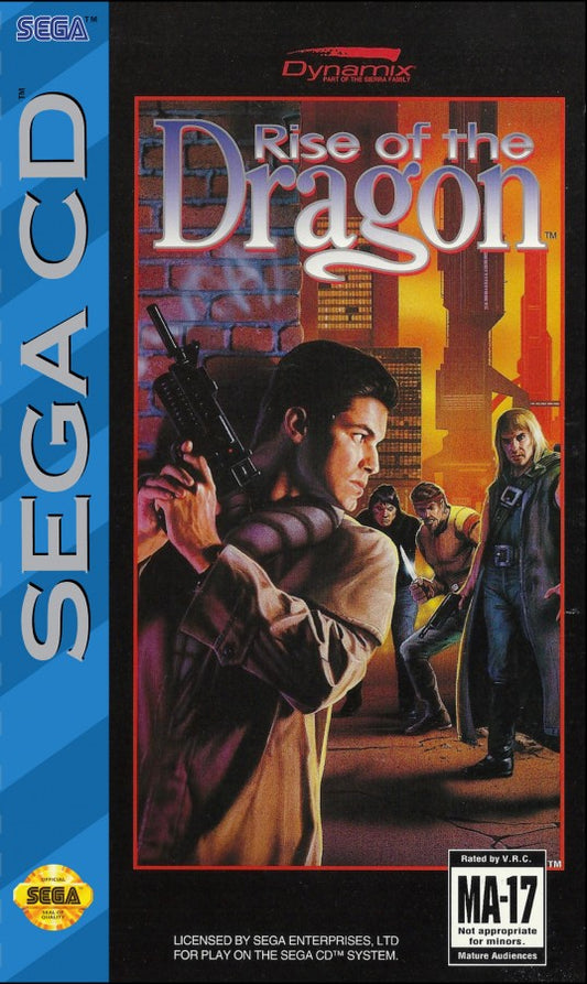 Rise of the Dragon Sega CD cinematic adventure game point and click cyberpunk detective story Blade Runner style futuristic LA investigation puzzles branching narrative FMV cutscenes Sierra On-Line retro gaming Sega CD software video game title cover art