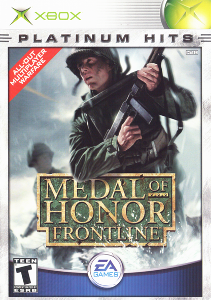 Medal of Honor: Frontline Platinum Hits for Xbox (XBOX) at Gamers INC, featuring an intense cinematic World War II campaign including the iconic D-Day landing at Omaha Beach for a definitive first-person shooter experience front cover