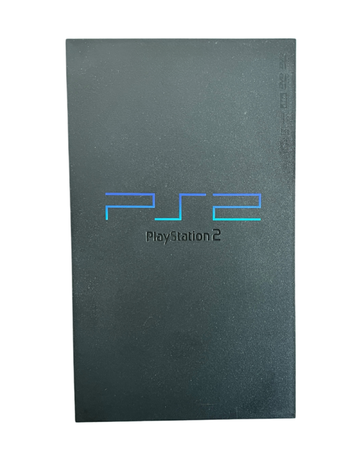 Top down view of a Sony PlayStation 2 console showing the disc tray, logo, power and reset buttons, and overall rectangular shape.