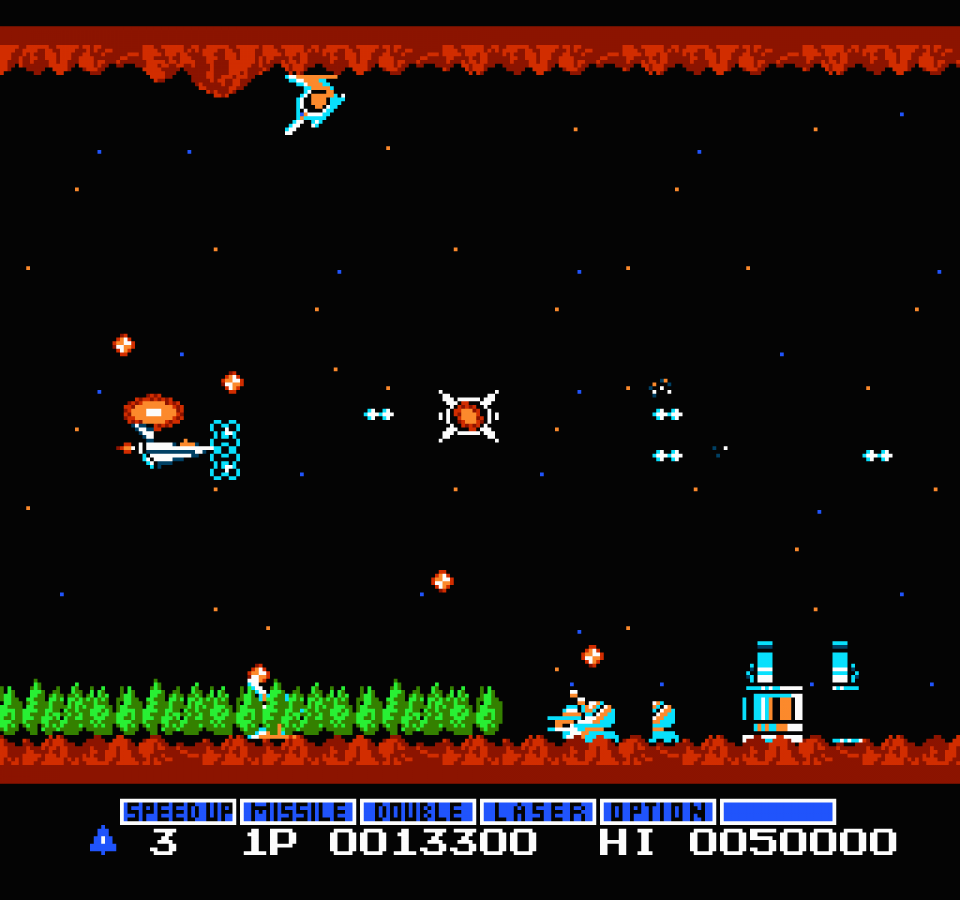 Gradius Nintendo Entertainment System NES video game featuring side scrolling shoot em up gameplay spaceship combat enemy waves power ups boss battles challenging levels and classic 8 bit arcade action retro video game collection collectible gaming appeal gameplay