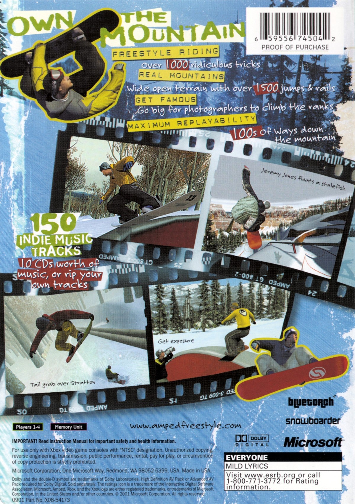 Amped Freestyle Snowboarding Microsoft Xbox Original Xbox video game featuring extreme snowboarding gameplay freestyle tricks big air jumps mountain courses snowboard competitions trick challenges and winter sports action retro video game collection collectible gaming appeal back cover art