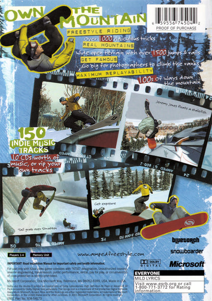 Amped Freestyle Snowboarding Microsoft Xbox Original Xbox video game featuring extreme snowboarding gameplay freestyle tricks big air jumps mountain courses snowboard competitions trick challenges and winter sports action retro video game collection collectible gaming appeal back cover art