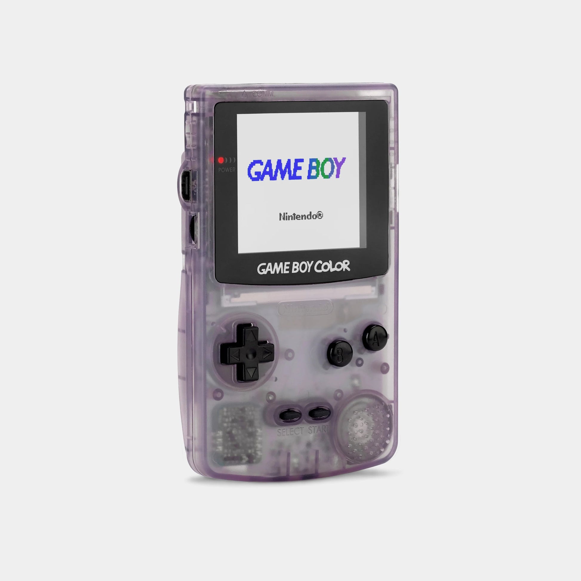 Game Boy Color Atomic Purple Nintendo Game Boy Color handheld console in transparent atomic purple shell portable cartridge based gaming system classic retro handheld device front 