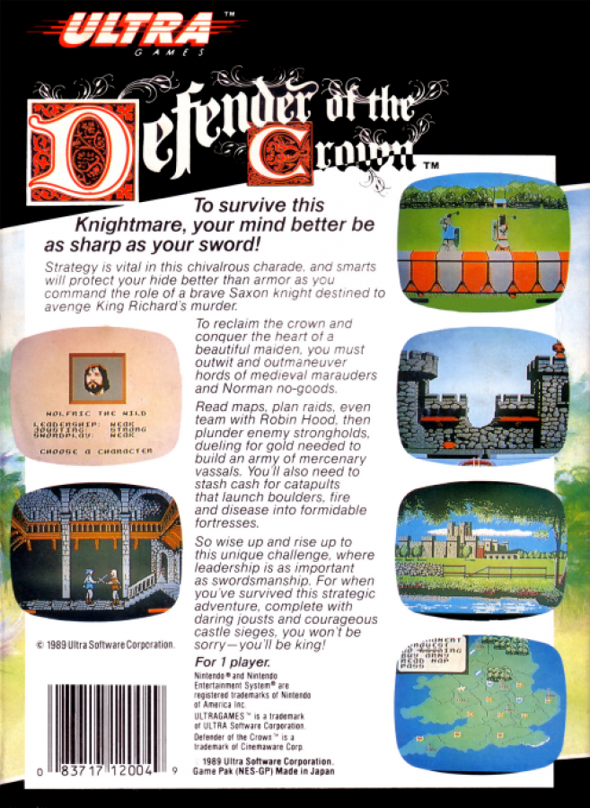 Defender of the Crown back of box for Nintendo Entertainment System (NES) retro video game