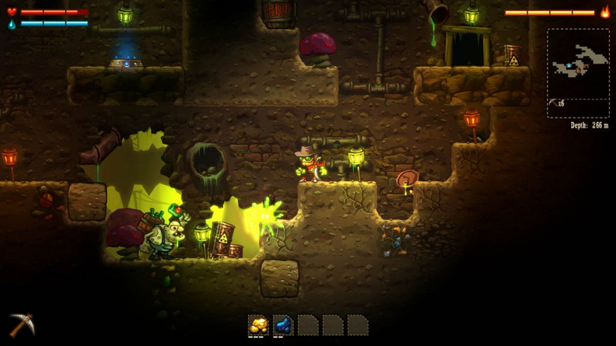 SteamWorld Collection game for the PlayStation 4 featuring a compilation of SteamWorld Dig and SteamWorld Heist with action platforming and turn based strategy gameplay set in a stylized steampunk world with exploration and resource gathering gameplay