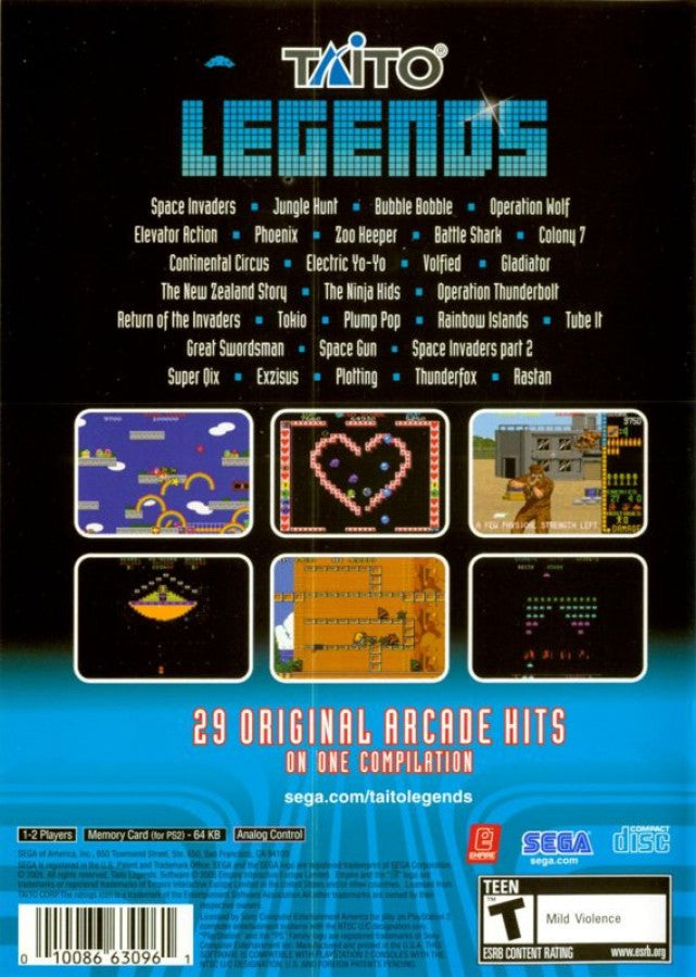 Taito Legends – PlayStation 2 (PS2) video game back of case, classic arcade compilation.