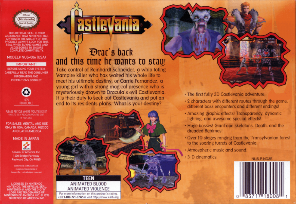 Castlevania 64 back cover art for Nintendo 64 (N64) video game