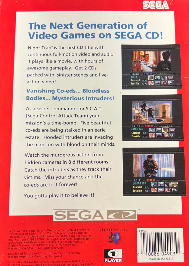 Night Trap Sega CD SCD interactive full motion video adventure game featuring live-action actors suspenseful horror gameplay surveillance cameras trap mechanisms mysterious intruders branching scenes and classic Sega CD gameplay collectible retro gaming appeal back box cover art
