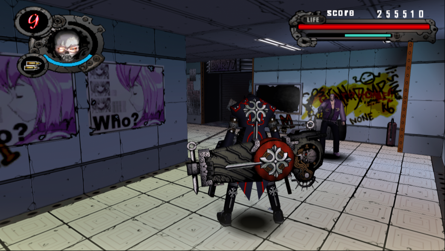 Retro Gungrave PS2 inspired design featuring dark sci fi anime shooter aesthetic vintage PlayStation 2 action gameplay dual wield guns blazing antihero futuristic crime syndicate battles cel shaded style explosive arcade combat nostalgia gameplay