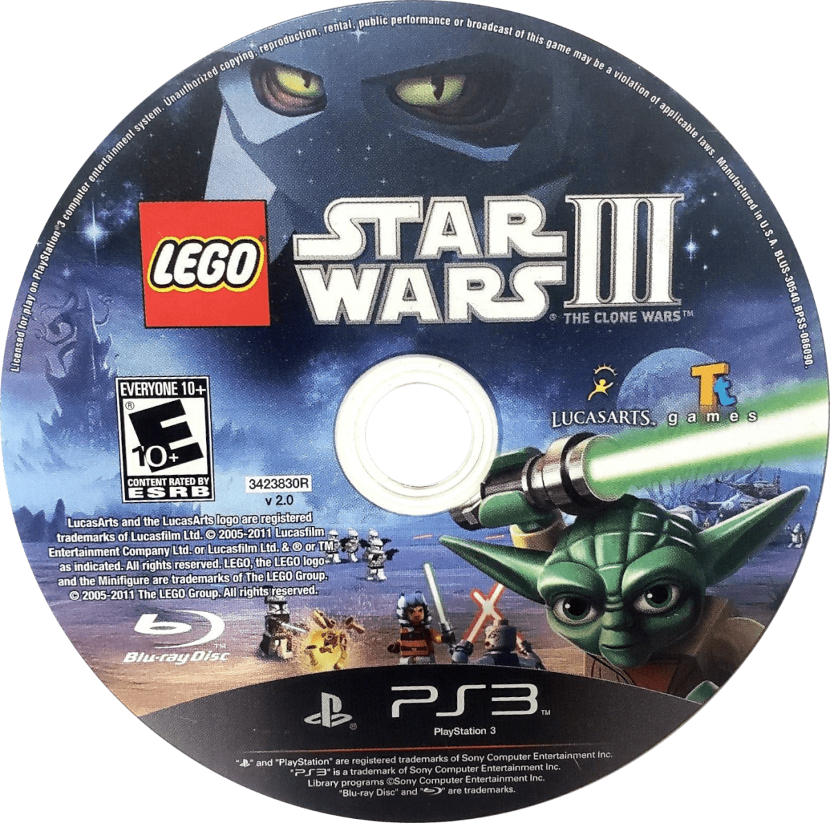 LEGO Star Wars III: The Clone Wars disc cover art for PlayStation 3 (PS3) adventure sci-fi video game. 