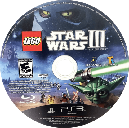 LEGO Star Wars III: The Clone Wars disc cover art for PlayStation 3 (PS3) adventure sci-fi video game. 