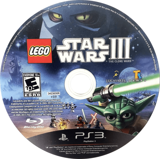 LEGO Star Wars III: The Clone Wars disc cover art for PlayStation 3 (PS3) adventure sci-fi video game. 