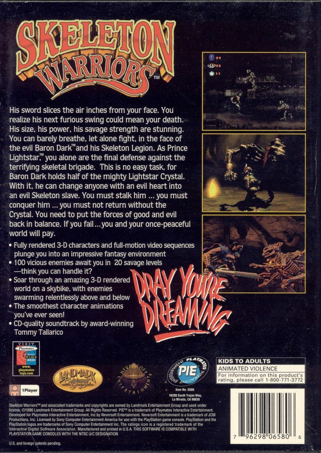 Skeleton Warriors PS1 PlayStation 1 action platformer hack and slash dark fantasy skeleton combat retro video game back of case