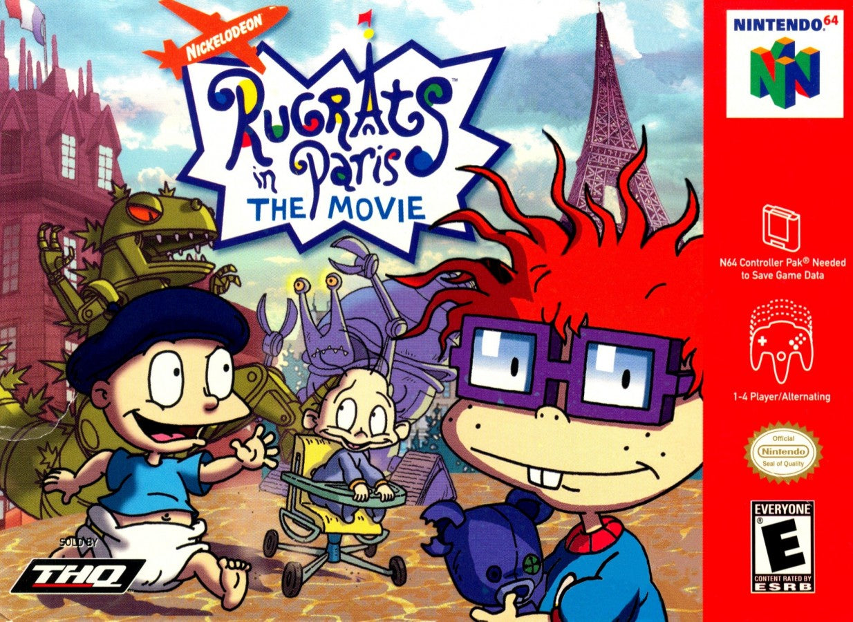Rugrats in Paris The Movie cartridge for the Nintendo 64 featuring 3D platforming adventure gameplay with mini games as Tommy Chuckie and friends explore a colorful Paris theme park based on the animated movie front cover