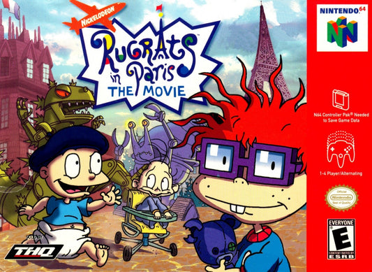 Rugrats in Paris The Movie cartridge for the Nintendo 64 featuring 3D platforming adventure gameplay with mini games as Tommy Chuckie and friends explore a colorful Paris theme park based on the animated movie front cover
