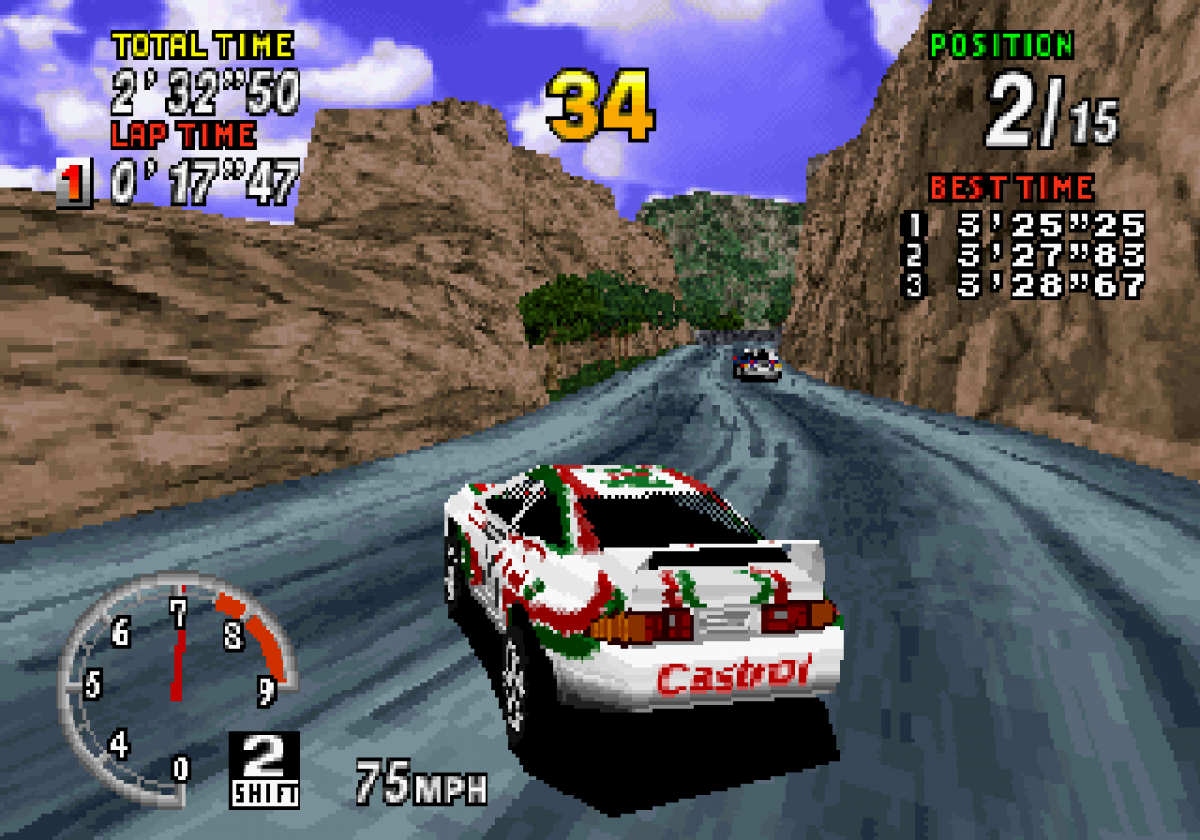 Sega Rally Championship Sega Saturn arcade racing game rally car off road driving realistic handling drifting mechanics time trial and championship modes Sega AM2 classic arcade port retro gaming Sega Saturn software video game title gameplay