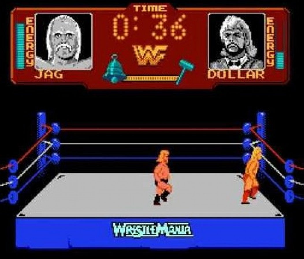 WWF WrestleMania Nintendo Entertainment System NES video game featuring professional wrestling gameplay WWF superstars wrestling matches signature moves grappling attacks competitive bouts arena action and classic 8 bit Nintendo sports entertainment gameplay retro video game collection collectible gaming appeal gameplay