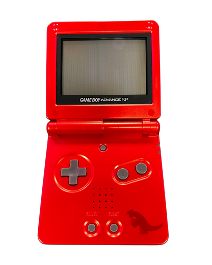 Full open view of the official Game Boy Advance SP Groudon Edition console showing its red metallic casing, inner Groudon artwork, and single display screen with controls.