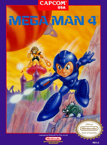 Mega Man 4 cartridge for the Nintendo Entertainment System featuring the classic blue robot hero battling Dr. Wily in a retro 8-bit side-scrolling action platformer cover art