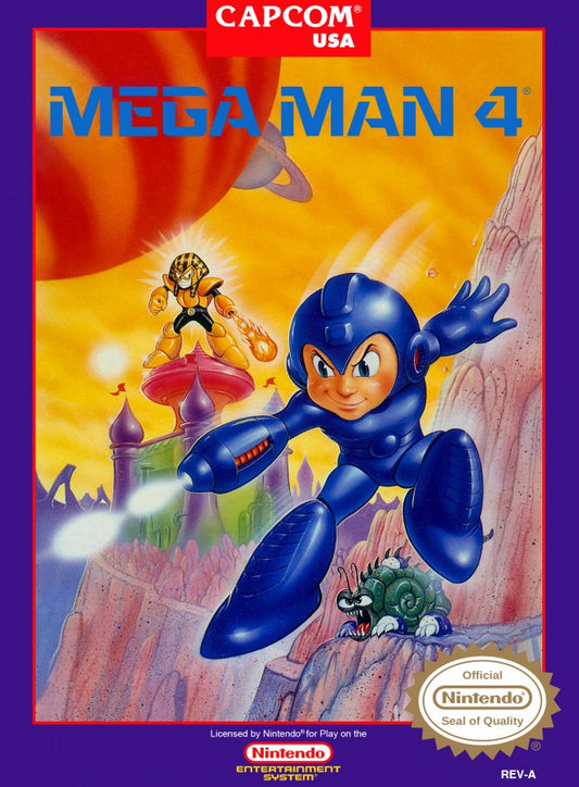 Mega Man 4 cartridge for the Nintendo Entertainment System featuring the classic blue robot hero battling Dr. Wily in a retro 8-bit side-scrolling action platformer cover art