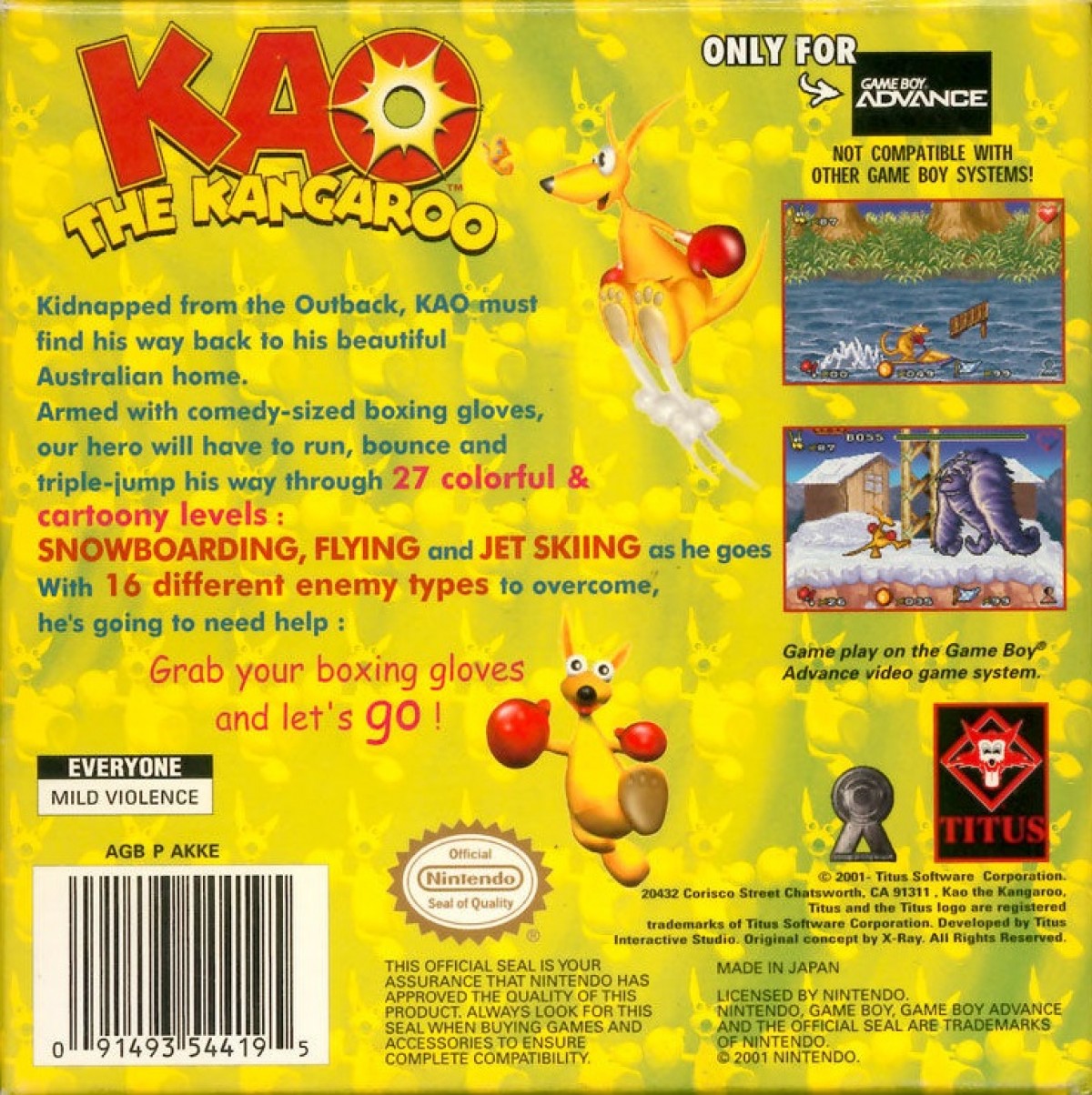 Kao the Kangaroo Game Boy Advance GBA video game featuring platforming adventure gameplay kangaroo character exploration colorful environments enemy battles jumping challenges collectible items and classic handheld action retro video game collection collectible gaming appeal back cover art