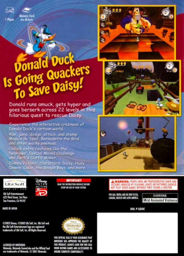 Disney Donald Duck: Goin' Quackers! back of case for GameCube (GC) platformer action-adventure video game