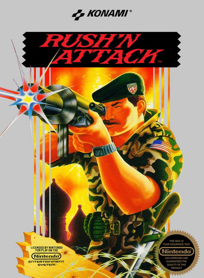 Rush'n Attack Complete in Box CIB Nintendo Entertainment System NES for retro video game enthusiasts featuring side scrolling action gameplay military commando missions fast paced combat challenging enemy soldiers cooperative style arcade action complete in box collectible gaming appeal front cover