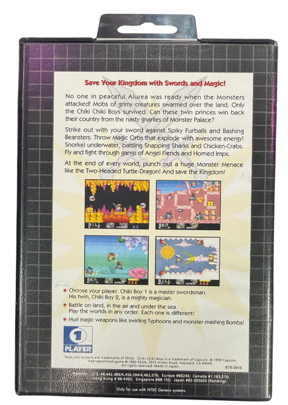 Chiki Chiki Boys Sega Genesis GEN for action platforming video game fans featuring colorful fantasy worlds side scrolling adventure sword combat magical abilities challenging enemies boss battles cooperative gameplay and classic arcade action collectible retro Genesis gaming appeal back cover art