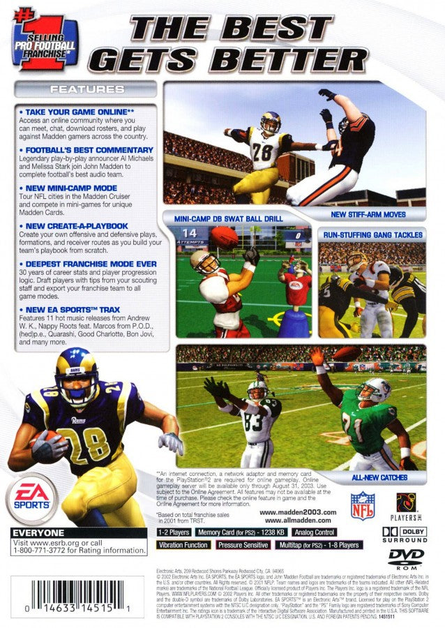 Madden NFL 2003 back cover art for PlayStation 2 (PS2) sports video game