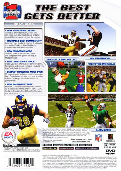 Madden NFL 2003 back cover art for PlayStation 2 (PS2) sports video game