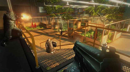 Syndicate Xbox 360 inspired design featuring cyberpunk first person shooter aesthetic futuristic corporate warfare neural chip enhancements high tech dystopian action sci fi combat sleek industrial environments nostalgic EA action presentation gameplay