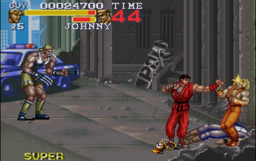 Final Fight Super Nintendo Entertainment System SNES side-scrolling beat em up arcade brawler video game featuring Mike Haggar Cody and Guy against the Mad Gear Gang with multiple stages and two-player cooperative action gameplay screenshot