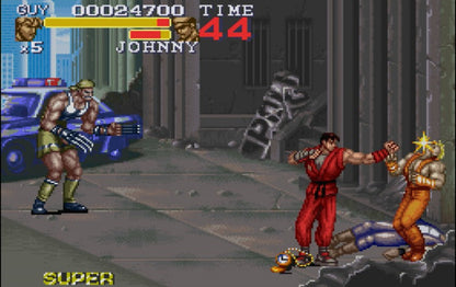 Final Fight Super Nintendo Entertainment System SNES side-scrolling beat em up arcade brawler video game featuring Mike Haggar Cody and Guy against the Mad Gear Gang with multiple stages and two-player cooperative action gameplay screenshot