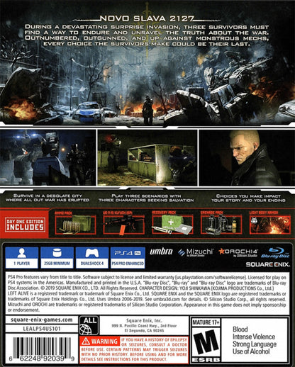 Left Alive Day One Edition retro PlayStation 4 video game Left Alive survival action shooter stealth combat mech warfare sci fi adventure console title PlayStation 4 release back of case
