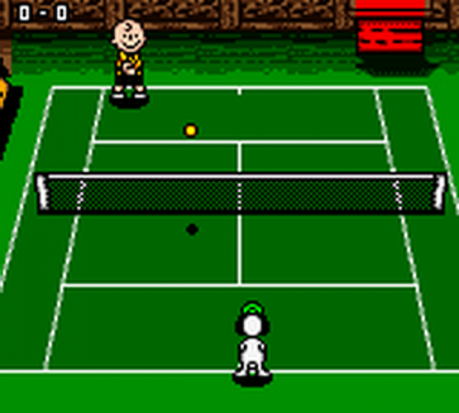 Snoopy Tennis for Game Boy Color, gameplay for a sports arcade video game with tennis gameplay, character-based matches, cartoon-style visuals, and casual competitive gameplay