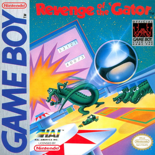 Revenge of the Gator for Game Boy, cover image for a pinball video game with arcade-style gameplay, multiple tables, score-based challenges, and classic handheld action