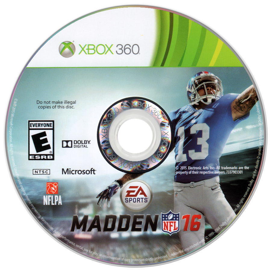 Madden NFL 16 Xbox 360 X360 video game featuring American football sports simulation gameplay NFL teams and players passing plays rushing attacks defensive strategies touchdown scoring franchise mode quarterback controls play calling multiplayer matches and classic Xbox 360 football gaming retro video game collection collectible gaming appeal disc