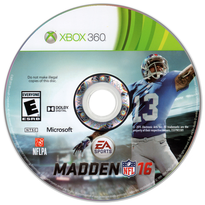 Madden NFL 16 Xbox 360 X360 video game featuring American football sports simulation gameplay NFL teams and players passing plays rushing attacks defensive strategies touchdown scoring franchise mode quarterback controls play calling multiplayer matches and classic Xbox 360 football gaming retro video game collection collectible gaming appeal disc
