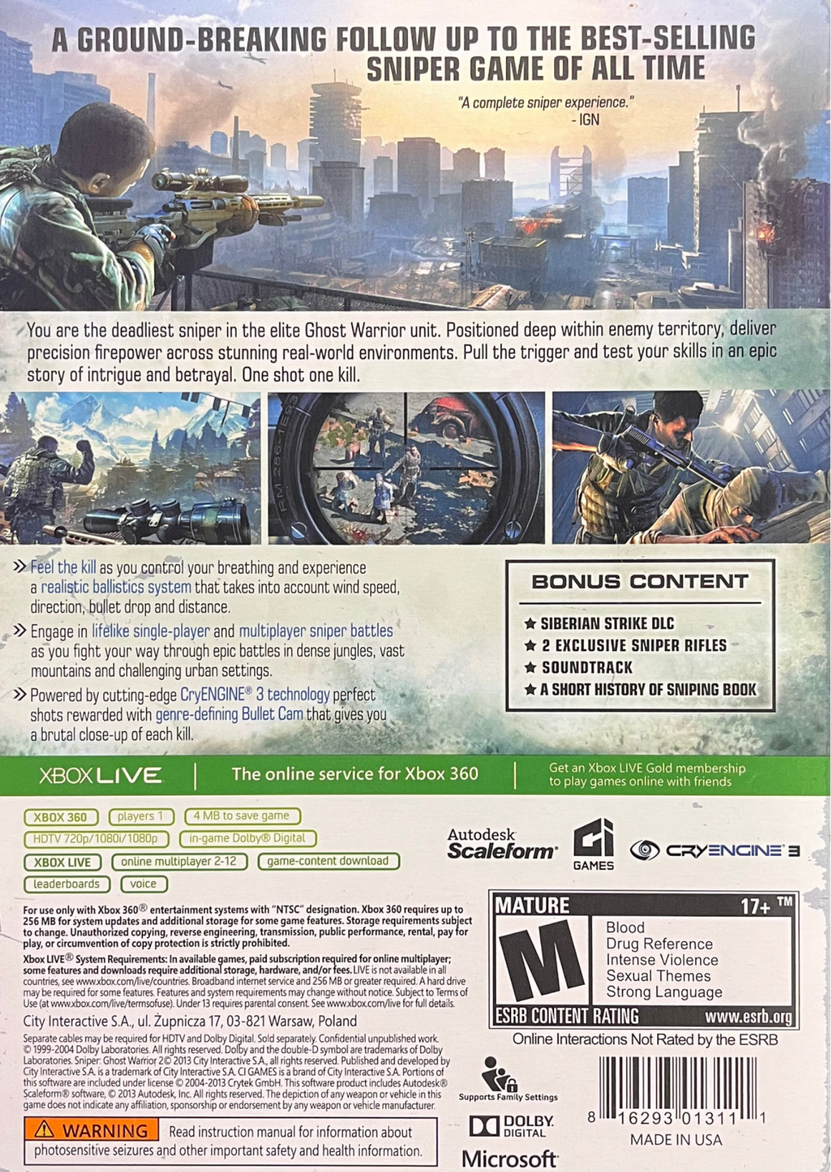 Sniper Ghost Warrior 2 Bulletproof Steelbook Edition Xbox 360 tactical sniper shooter first person FPS stealth combat military simulation precision shooting long range sniping CI Games special edition steelbook collector edition Xbox 360 software video game title back cover art 