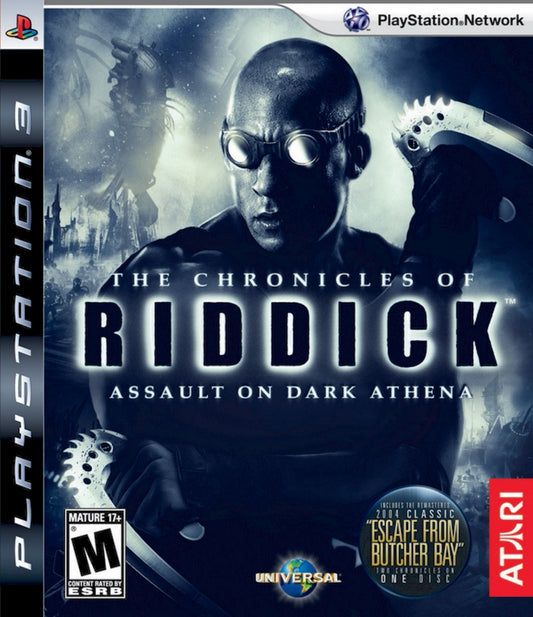 The Chronicles of Riddick Assault on Dark Athena PlayStation 3 first-person shooter stealth action sci-fi video game combining Escape from Butcher Bay remake with new Dark Athena campaign front cover