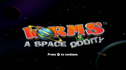 Worms: A Space Oddity gameplay for Nintendo Wii (Wii) featuring turn‑based artillery combat with quirky worm characters, new space‑themed weapons, and destructible intergalactic battlefields