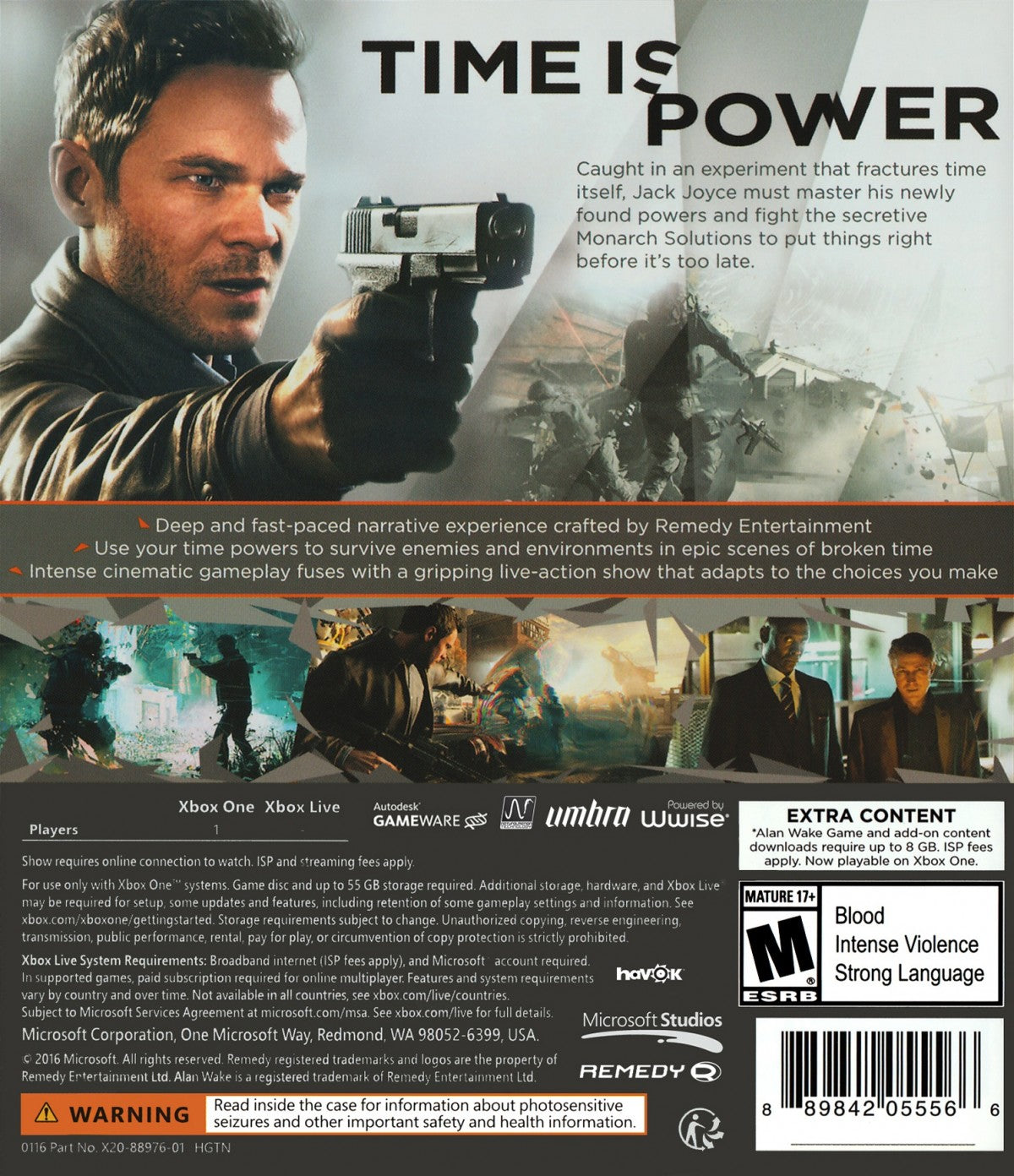Quantum Break – Xbox One (XONE) back of case for action-adventure video game