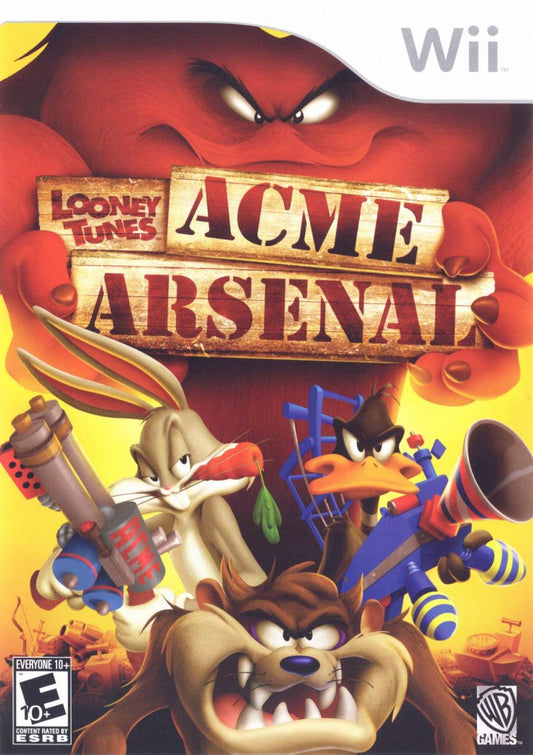 Looney Tunes Acme Arsenal Nintendo Wii for action adventure video game fans featuring classic Looney Tunes characters fast paced platforming combat time travel storyline motion controls cooperative multiplayer colorful cartoon action family friendly gameplay collectible gaming appeal front cover front cover