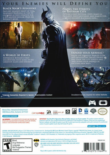 Batman Arkham Origins Nintendo Wii U for action adventure video game fans featuring open world Gotham City exploration stealth combat detective gameplay cinematic storytelling challenging boss battles iconic DC Comics characters immersive superhero adventure collectible gaming appeal back cover art