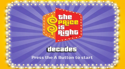 The Price Is Right: Decades title screen for Nintendo Wii (Wii) featuring classic pricing games from different eras, motion‑controlled bidding, and nostalgic TV show challenges