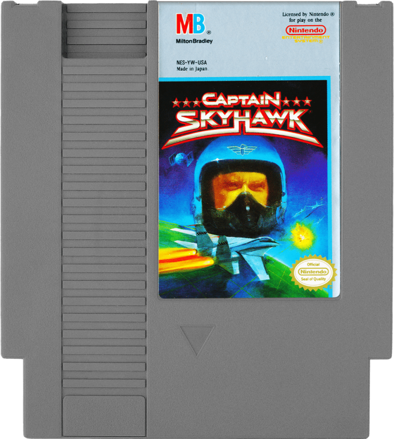 Captain Skyhawk Nintendo Entertainment System NES video game featuring aerial combat gameplay fighter jet missions enemy attacks strategic bombing objectives 3D scrolling flight action challenging missions and classic 8 bit gameplay retro video game collection collectible gaming appeal game cartridge